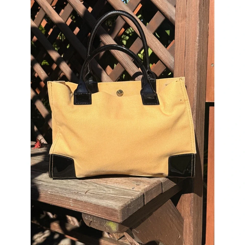 Tory Burch Ella Tote Mustard Yellow Canvas Black Patent Leather Trim Handbag